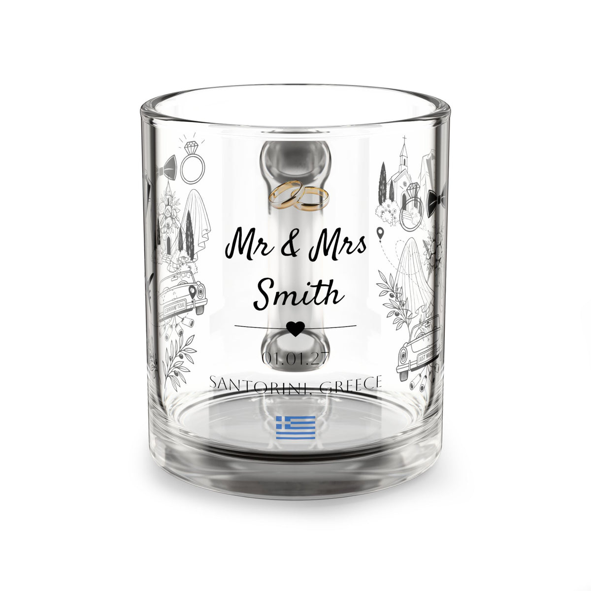 Personalized Destination Wedding Glass Mug 10oz, Custom Mr and Mrs Coffee Cup, Wedding Location Date and Country Flag, Newlywed Gift
