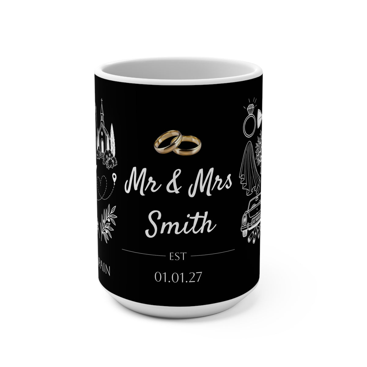 Personalized Destination Wedding Mug, Custom Mr & Mrs 15oz Coffee Mug, Wedding Collage with Country Flag, Wedding Date, Newlywed Gift