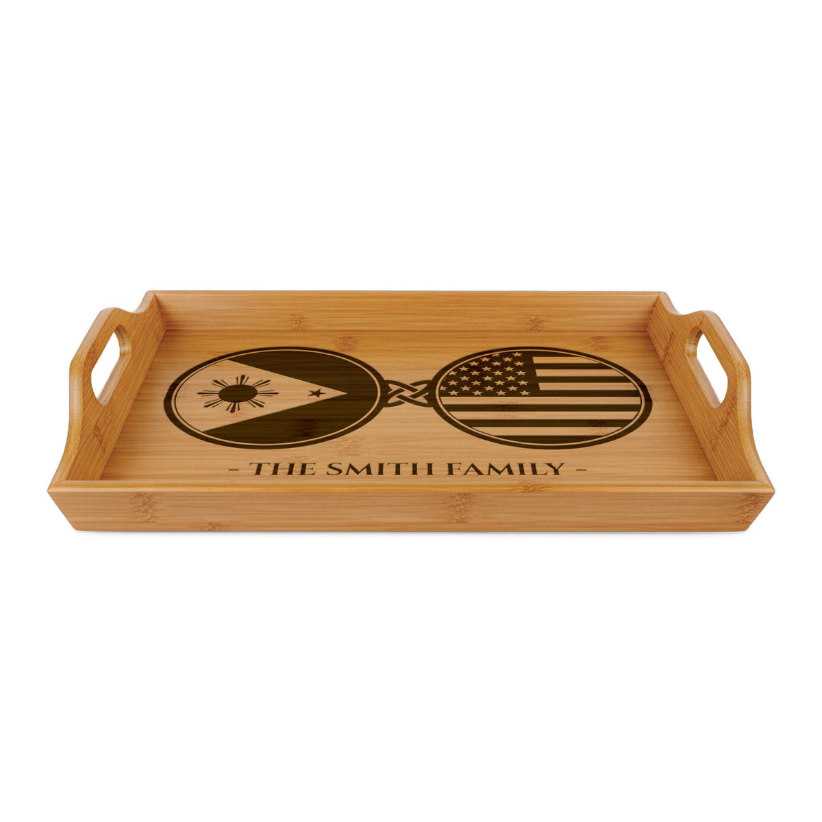 Filipino America Custom Engraved Bamboo Serving Tray, Personalized Name Wooden Valet Tray, Philippines American USA Dual Heritage