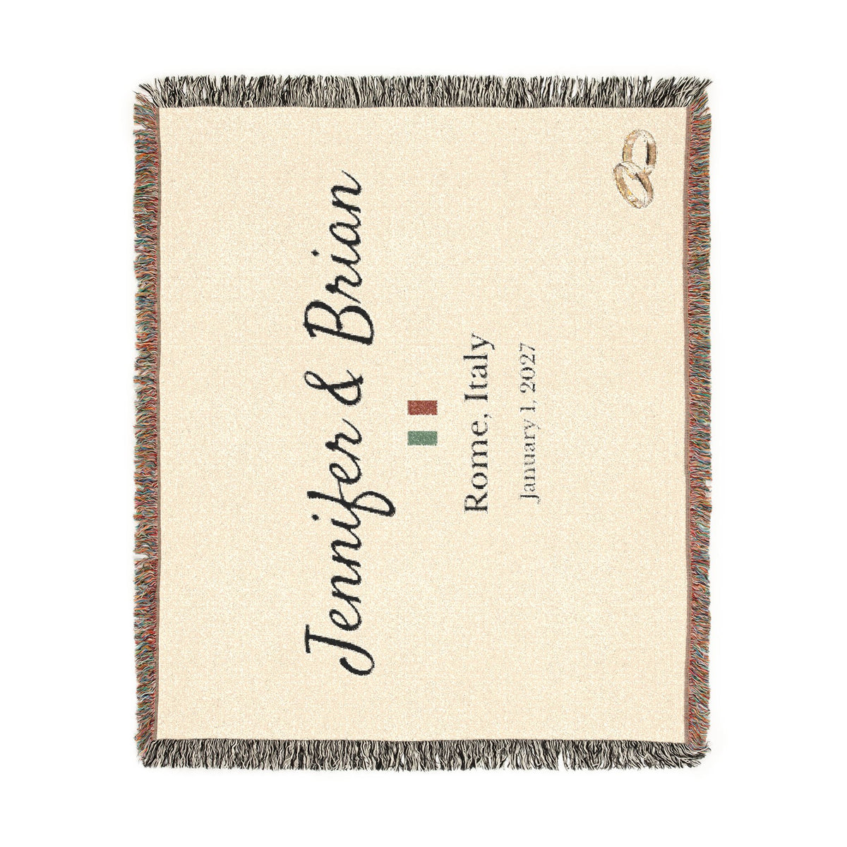 Personalized Destination Wedding Woven Blanket, Custom Couple Name, Wedding Date and Country Flag, 60x50 Cotton Throw, Wedding Keepsake Gift
