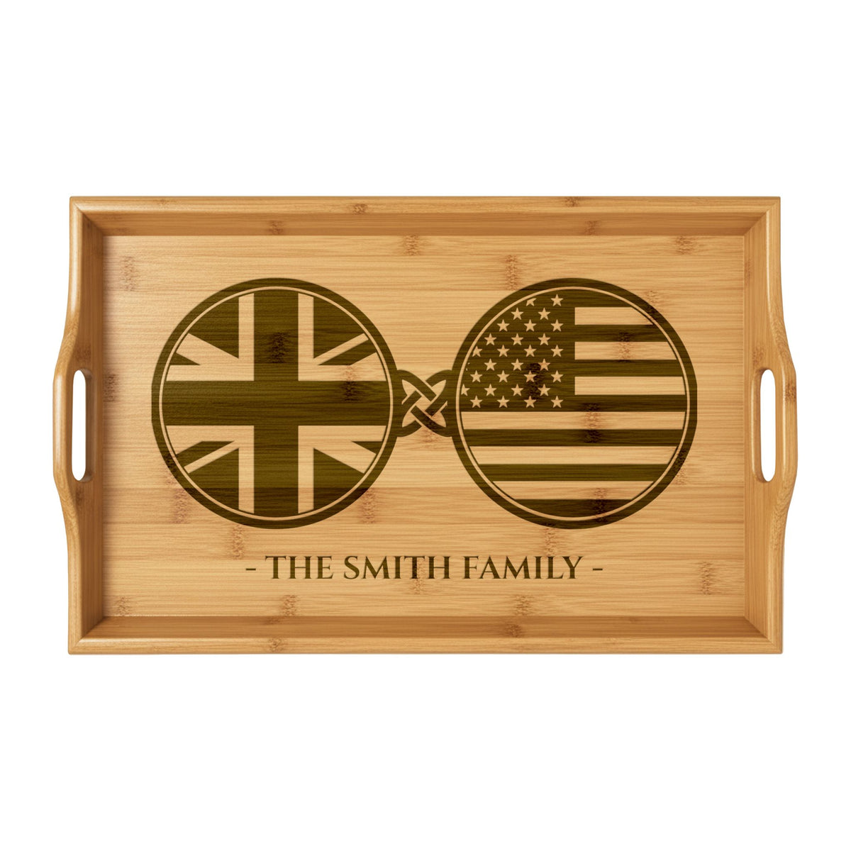 Britain British America Custom Engraved Bamboo Serving Tray, Personalized Name Wooden Tray, UK United Kingdom American USA Dual Heritage