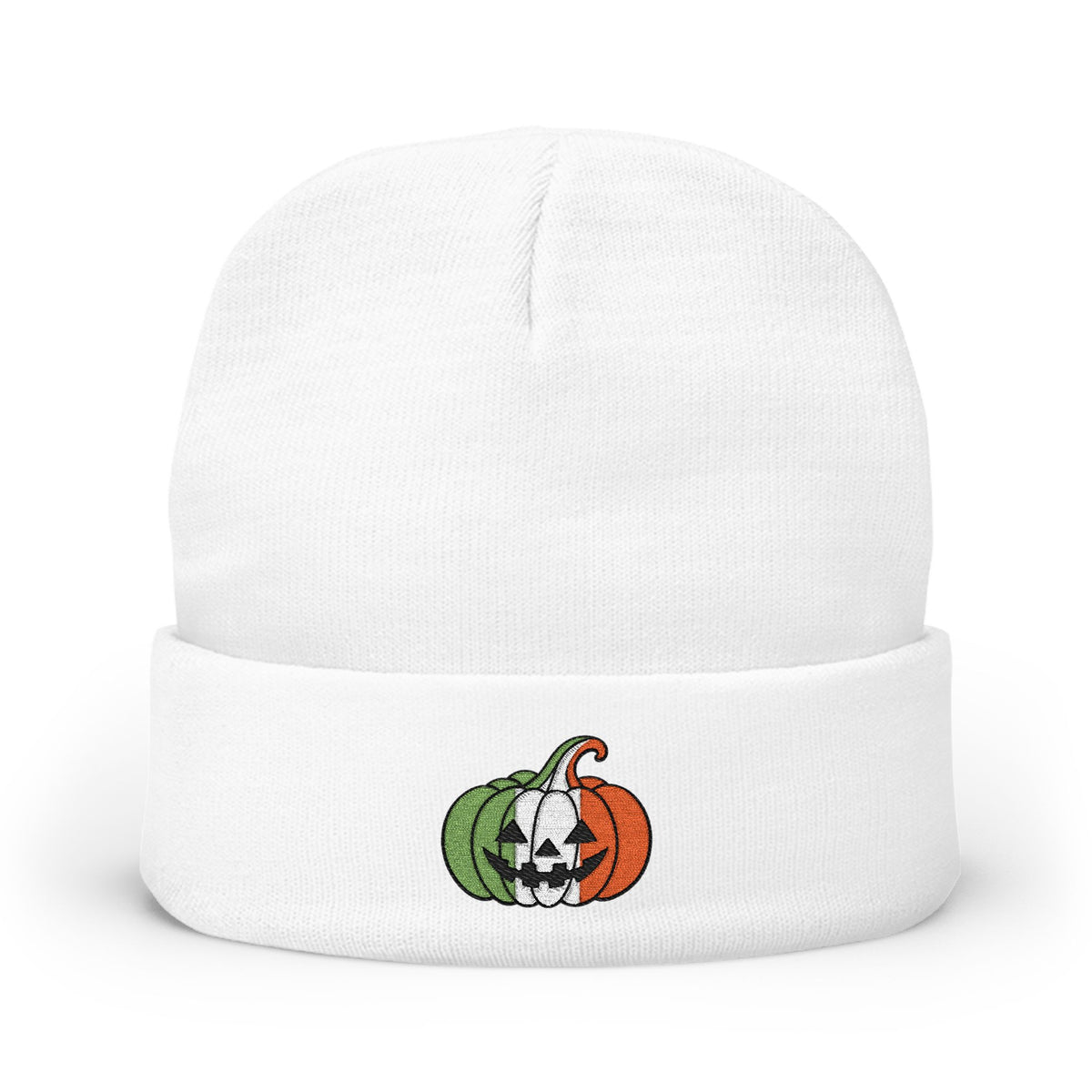 Limited Edition Irish Ireland Flag Pumpkin Embroidered Halloween Beanie, Cotton Blend Knit Hat, Irish Heritage Halloween Gift