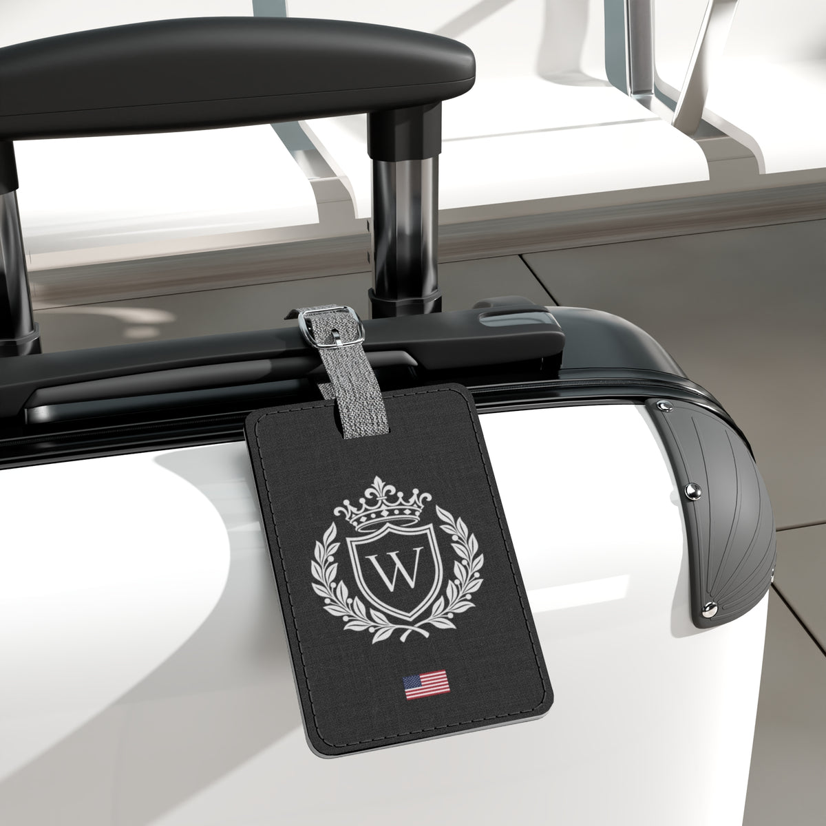 Personalized American Flag Luggage Tag - Heraldic Crest & Initial | USA Heritage Travel Accessory