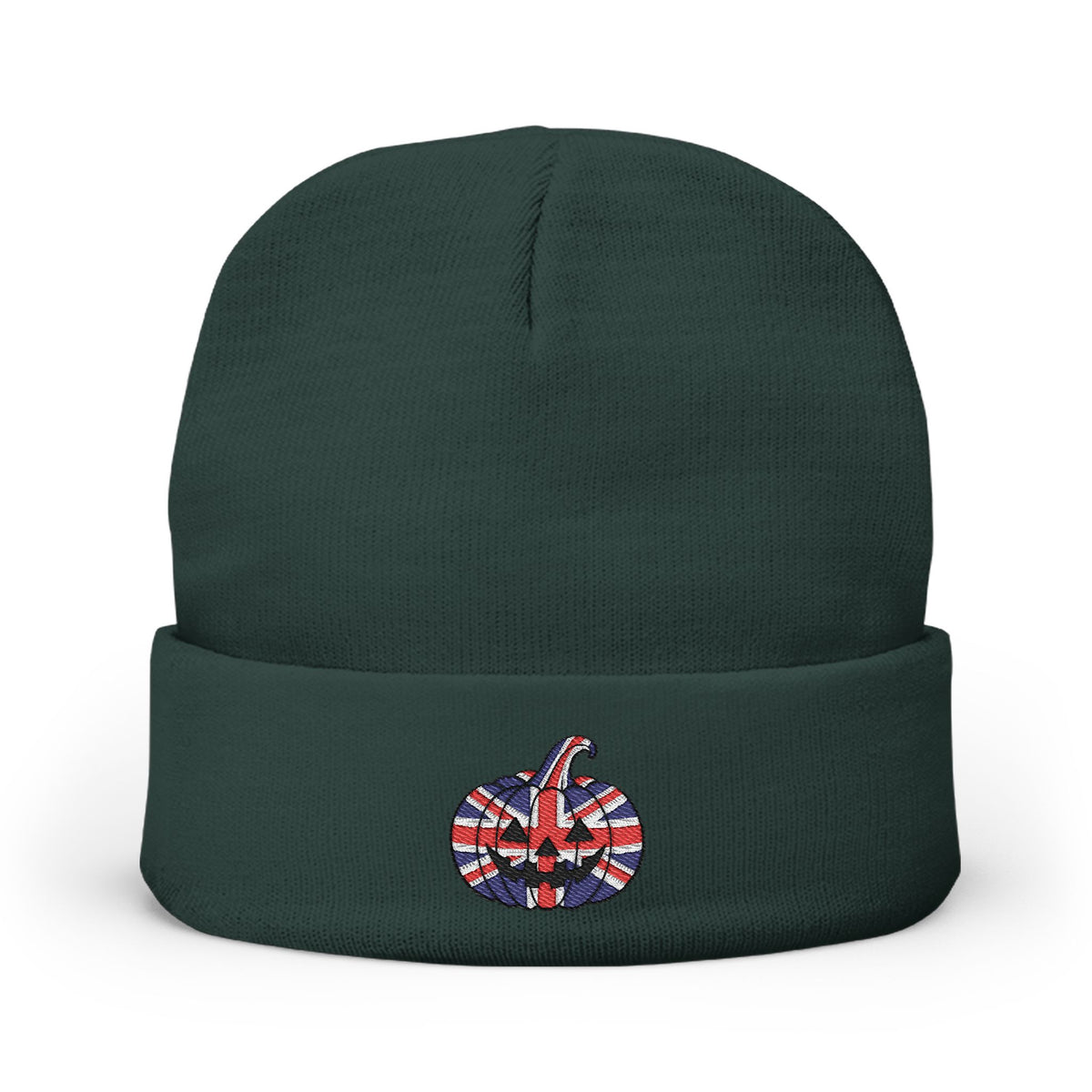 Limited Edition British UK Flag Pumpkin Embroidered Halloween Beanie, Cotton Blend Knit Hat, Union Jack Halloween Gift