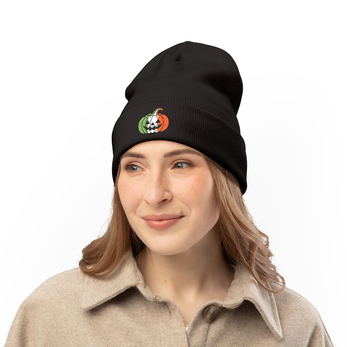 Limited Edition Irish Ireland Flag Pumpkin Embroidered Halloween Beanie, Cotton Blend Knit Hat, Irish Heritage Halloween Gift