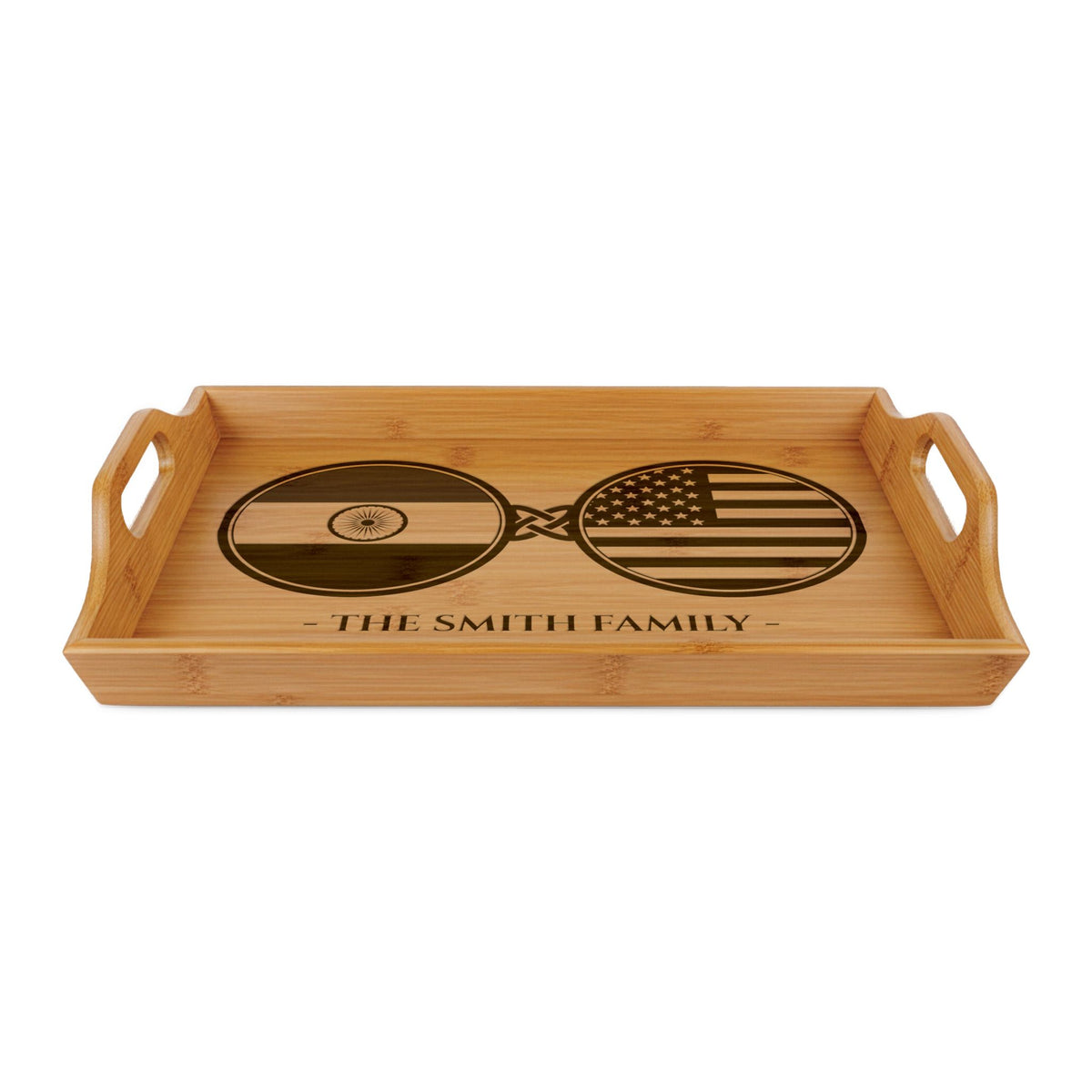 India Indian American Custom Engraved Bamboo Serving Tray, Personalized Name Wooden Valet Tray, America USA Dual Heritage Ottoman Gift