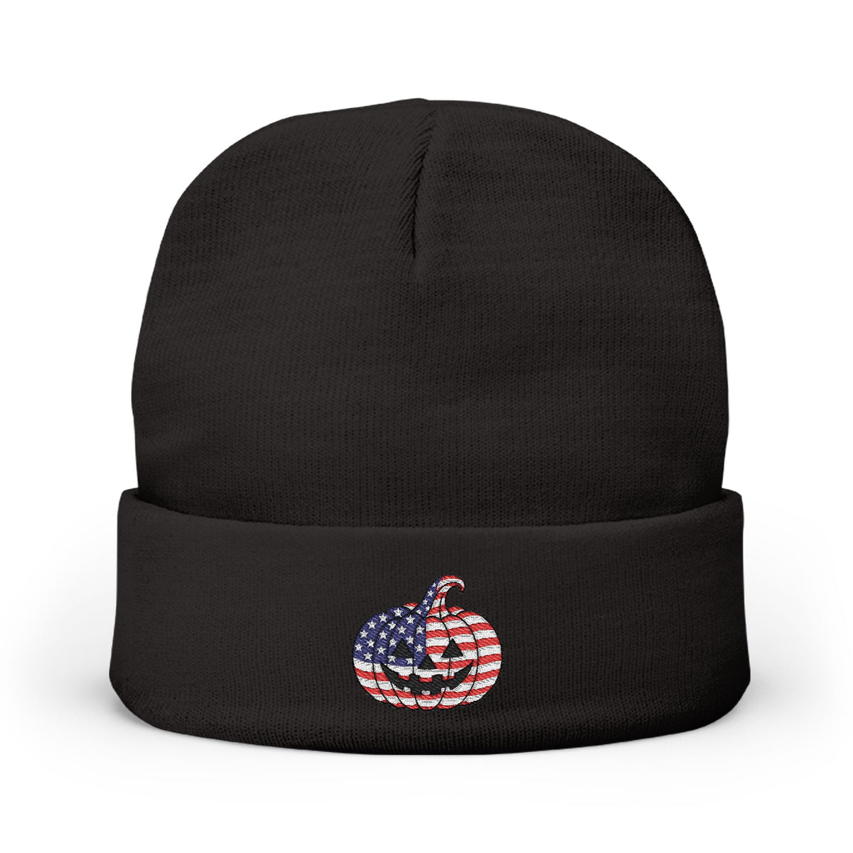 Limited Edition American USA Flag Pumpkin Embroidered Halloween Beanie, Cotton Blend Knit Hat, Patriotic Heritage Halloween Gift