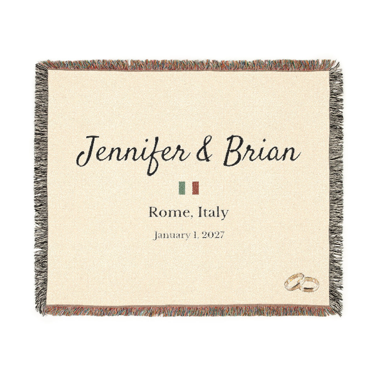 Personalized Destination Wedding Woven Blanket, Custom Couple Name, Wedding Date and Country Flag, 60x50 Cotton Throw, Wedding Keepsake Gift