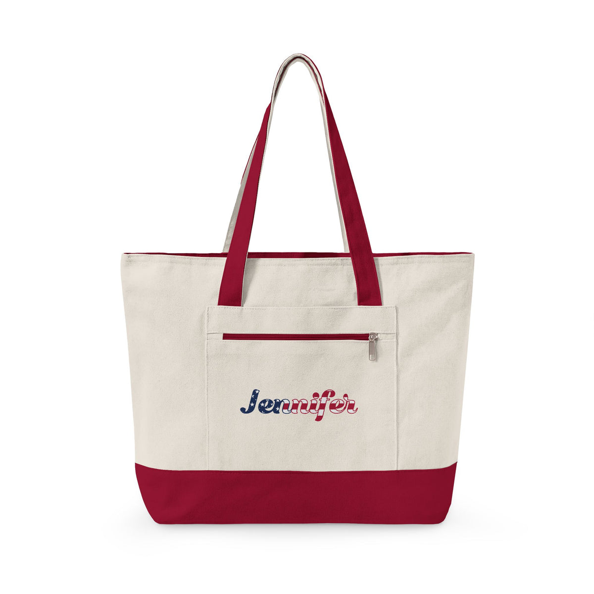 Personalized Your Name in American Flag Letters Canvas Tote Bag, Custom Name USA Flag, Zippered Cotton Bag, Patriotic American Heritage