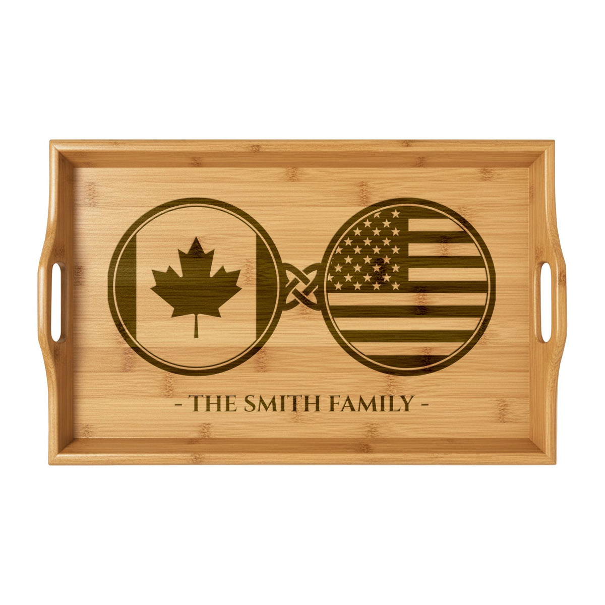 Canada Canadian American Custom Engraved Bamboo Serving Tray, Personalized Name Wooden Valet Tray, America USA Dual Heritage Ottoman Gift