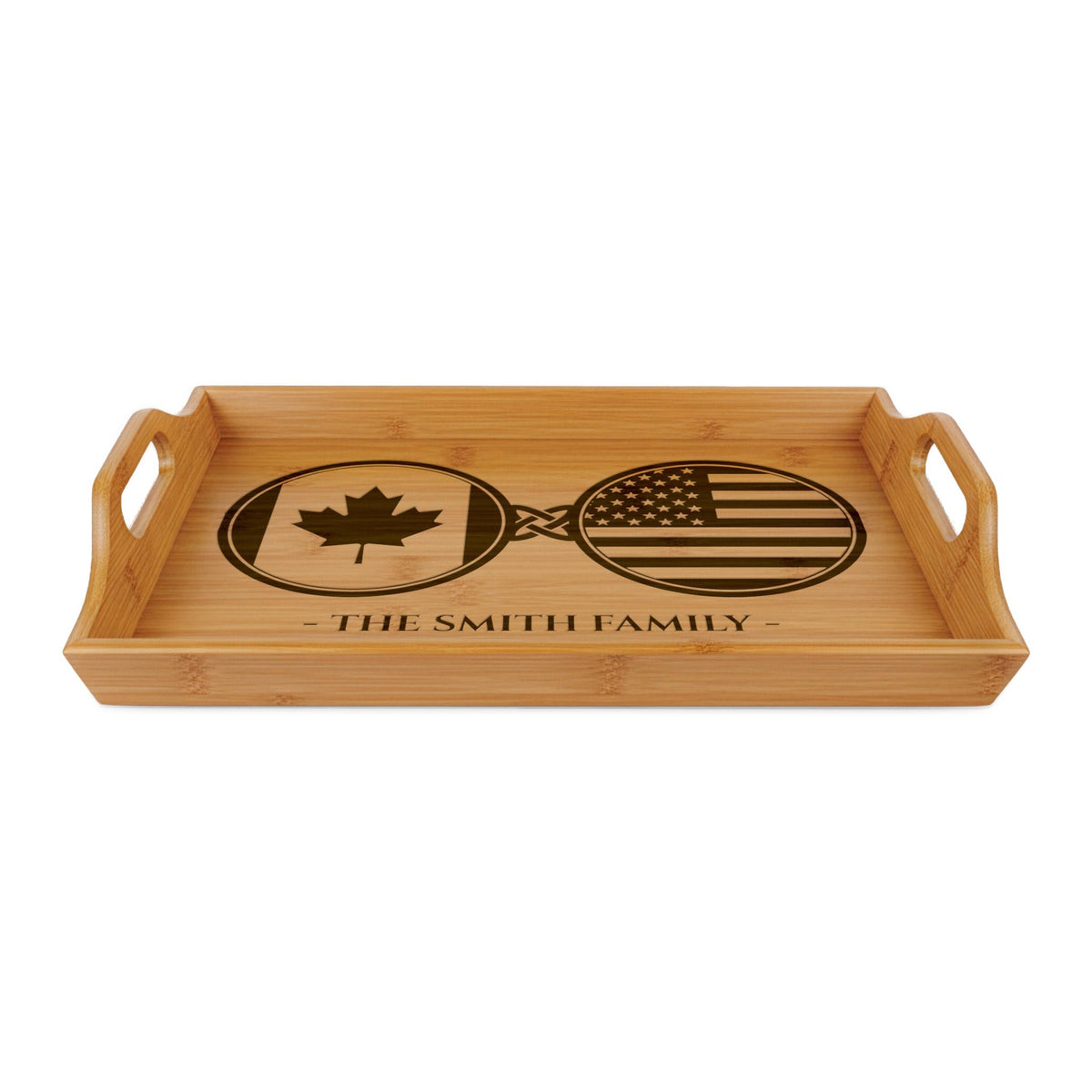 Canada Canadian American Custom Engraved Bamboo Serving Tray, Personalized Name Wooden Valet Tray, America USA Dual Heritage Ottoman Gift