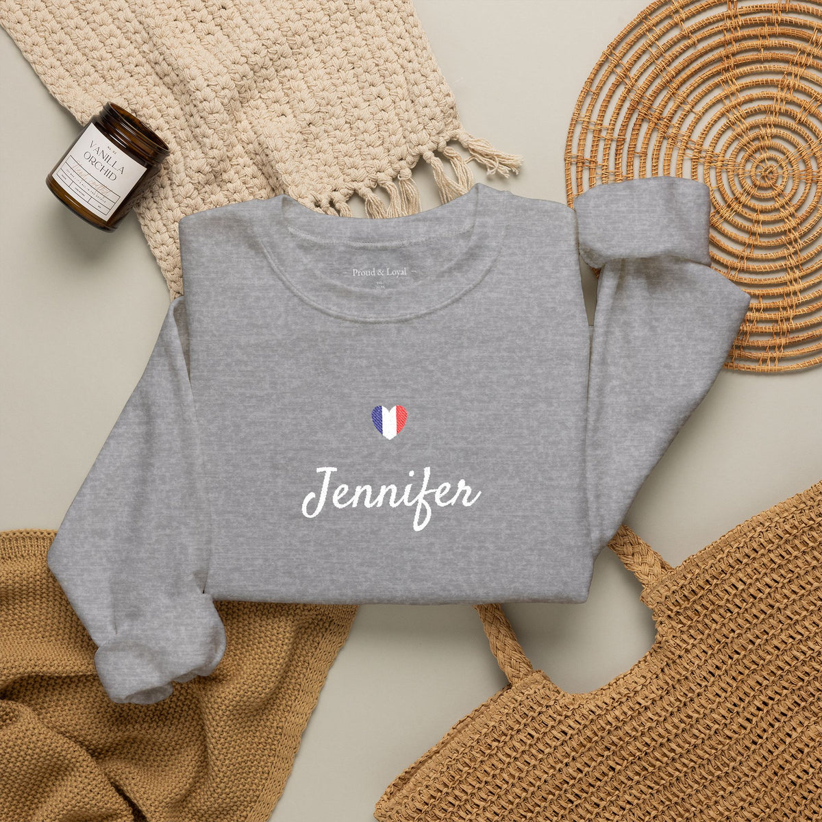 Embroidered Personalized Name & Country Flag Heart Sweatshirt, Custom USA Canada Australia UK Italy France Ireland Germany Jamaica Nigeria