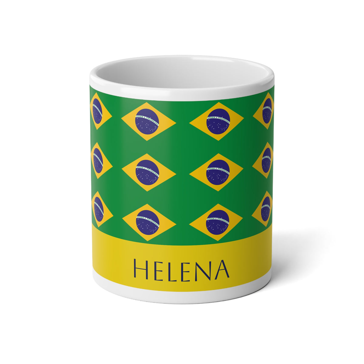 Personalized Brazil Flag Mug, Custom Brazilian Heritage Coffee Cup, 20oz Ceramic Mug, Green Yellow Blue Flag Pattern, Brazil Gift
