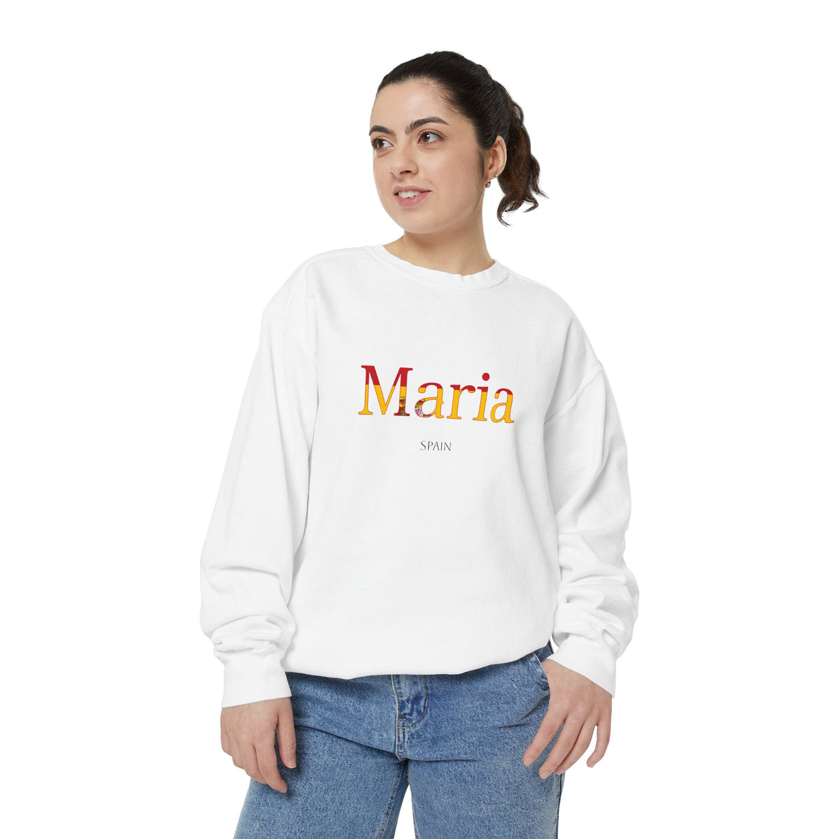 Personalized Spain Flag Name Sweatshirt, Custom Spanish Heritage Crewneck, Garment Dyed Cotton Sweatshirt, Spain Gift