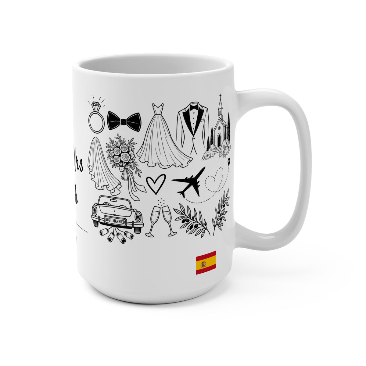 Personalized Destination Wedding Mug 15oz, Custom Mr & Mrs Coffee Cup, Wedding Date and Country Flag, Gold Wedding Rings, Newlywed Gift