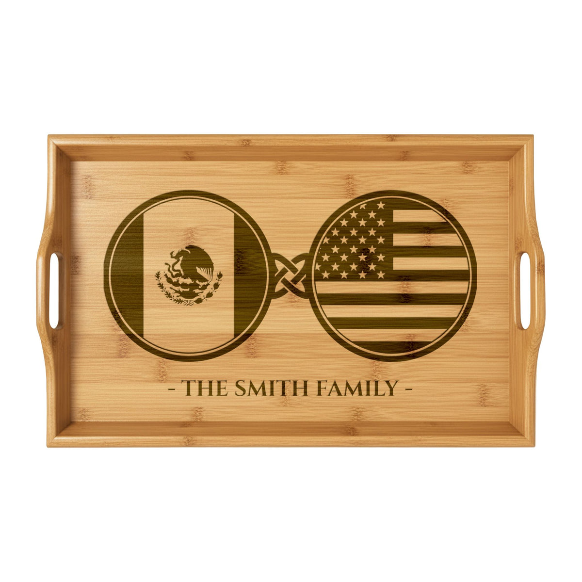 Mexico Mexican American Custom Engraved Bamboo Serving Tray, Personalized Name Wooden Valet Tray, America USA Dual Heritage Ottoman Gift