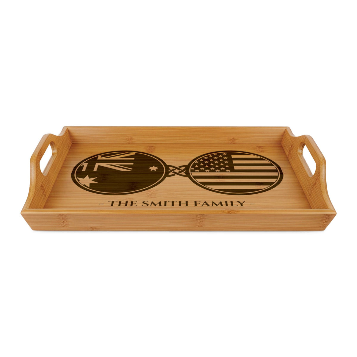 Australia Australian American Custom Engraved Bamboo Serving Tray, Personalized Name Wooden Valet Tray, America USA Dual Heritage Gift