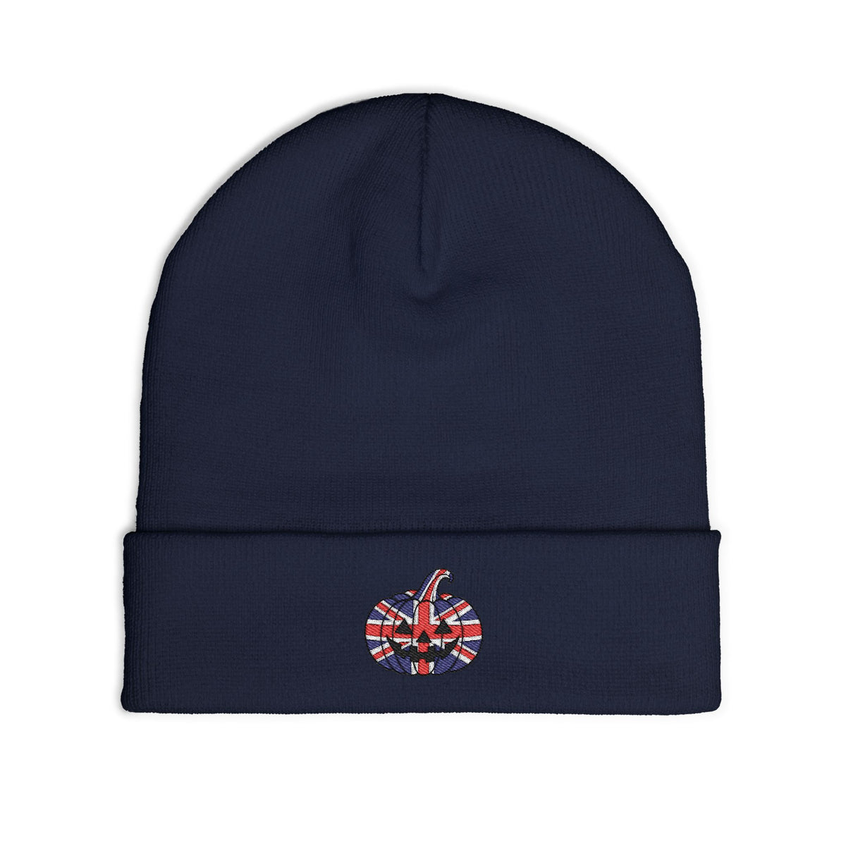 Limited Edition British UK Flag Pumpkin Embroidered Halloween Beanie, Cotton Blend Knit Hat, Union Jack Halloween Gift