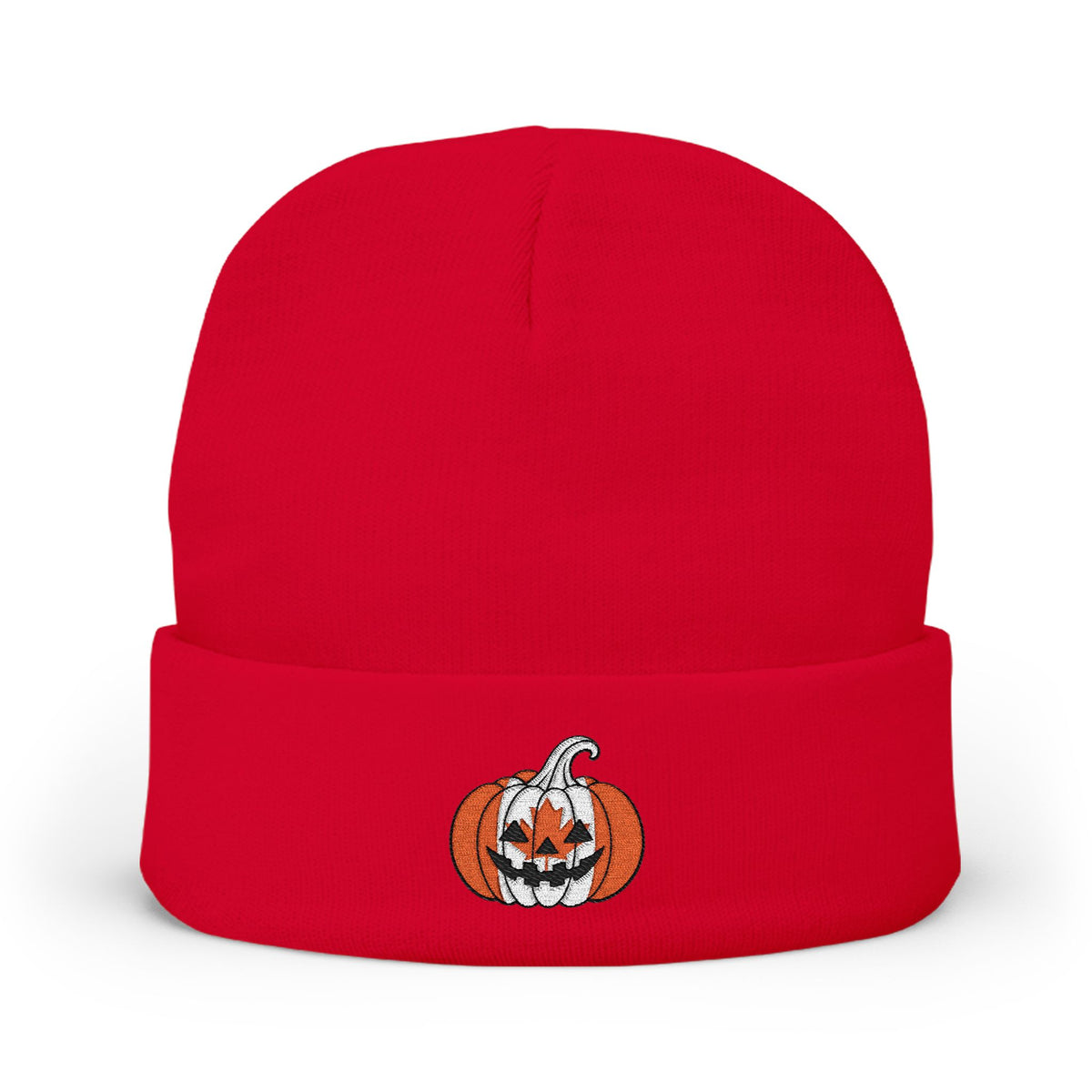 Limited Edition Canadian Canada Flag Pumpkin Embroidered Halloween Beanie, Cotton Blend Knit Hat, Maple Leaf Heritage Halloween Gift