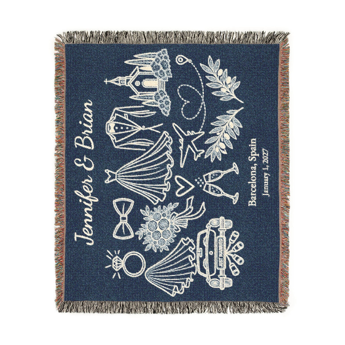 Something Blue Destination Wedding Woven Blanket, Personalized Couple Names, Custom Wedding Date & Location 60x50 Cotton Throw Newlywed Gift