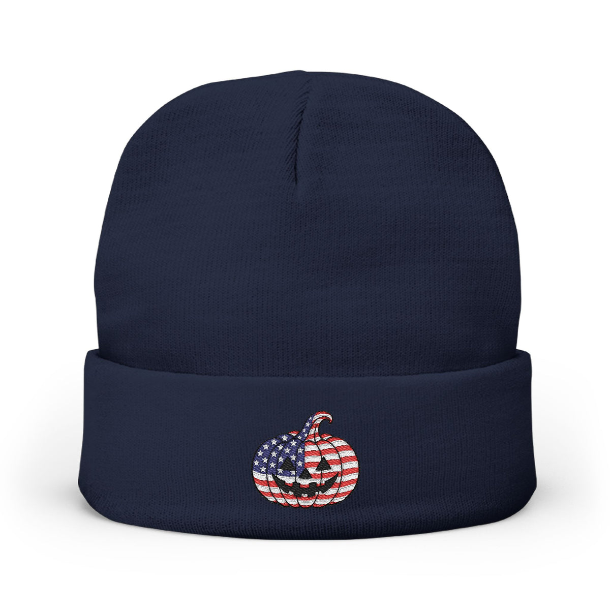 Limited Edition American USA Flag Pumpkin Embroidered Halloween Beanie, Cotton Blend Knit Hat, Patriotic Heritage Halloween Gift