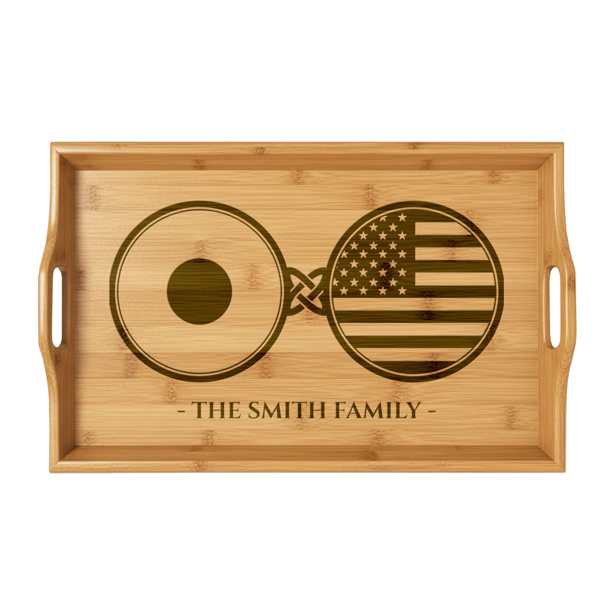 Japan America Nihon Nippon Custom Engraved Bamboo Serving Tray, Personalized Name Wooden Valet Tray, Japanese American USA Dual Heritage