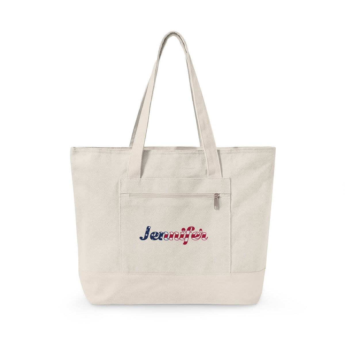 Personalized Your Name in American Flag Letters Canvas Tote Bag, Custom Name USA Flag, Zippered Cotton Bag, Patriotic American Heritage