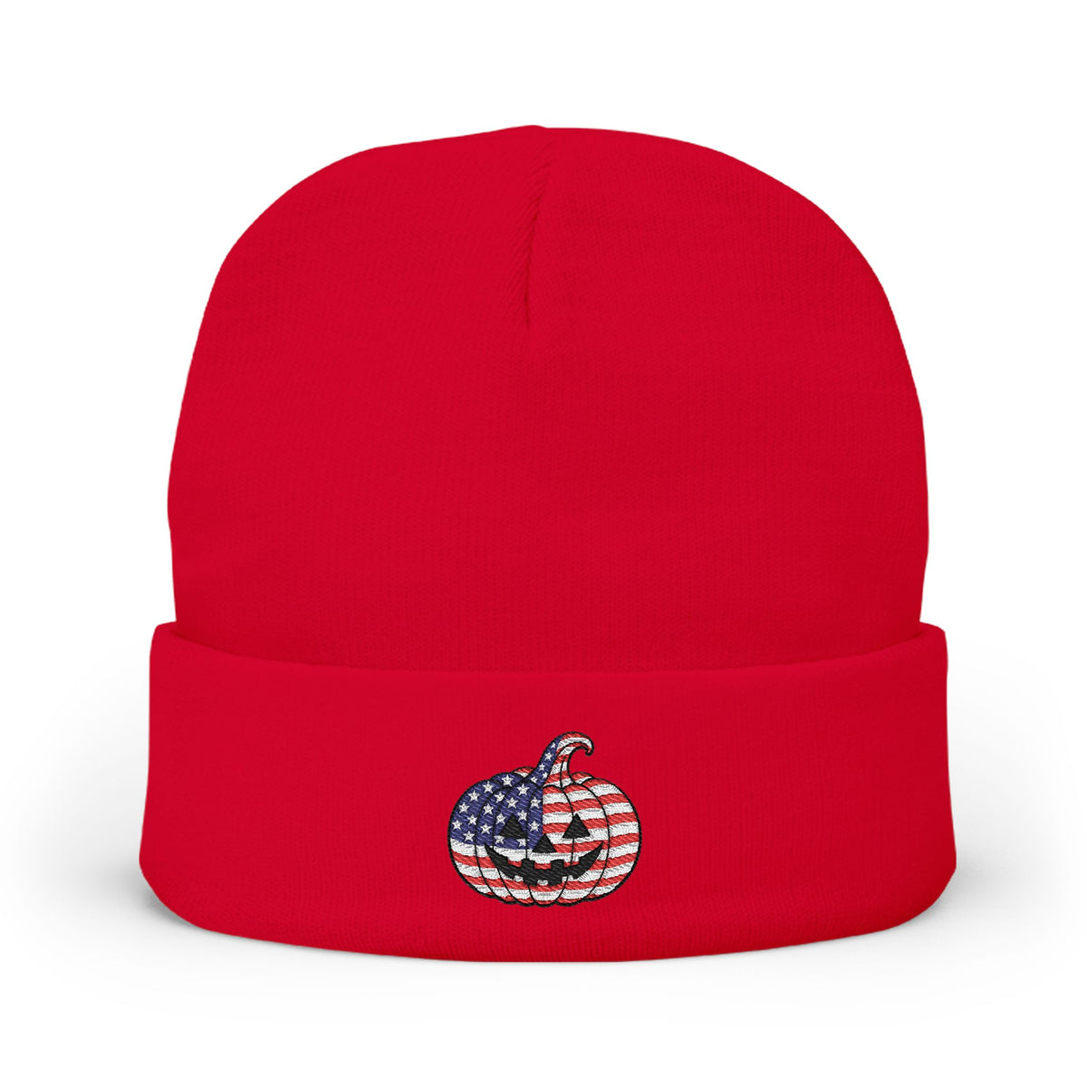 Limited Edition American USA Flag Pumpkin Embroidered Halloween Beanie, Cotton Blend Knit Hat, Patriotic Heritage Halloween Gift