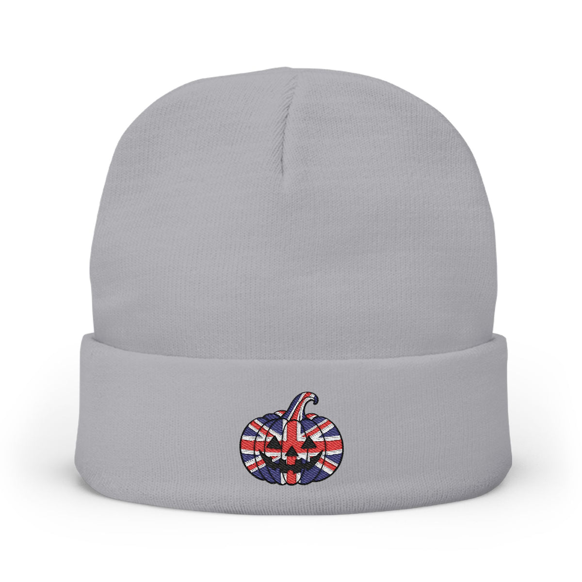 Limited Edition British UK Flag Pumpkin Embroidered Halloween Beanie, Cotton Blend Knit Hat, Union Jack Halloween Gift