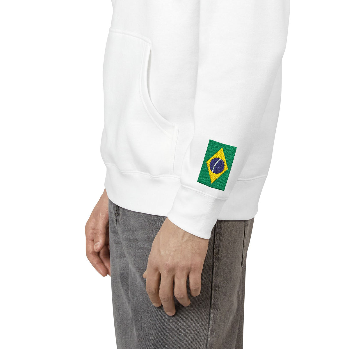 Brazilian American Flag Fleece Hoodie | Brazil USA Dual Heritage Naturalization Gift | Personalized Initials | Embroidered Sleeve Flags - Proud & Loyal