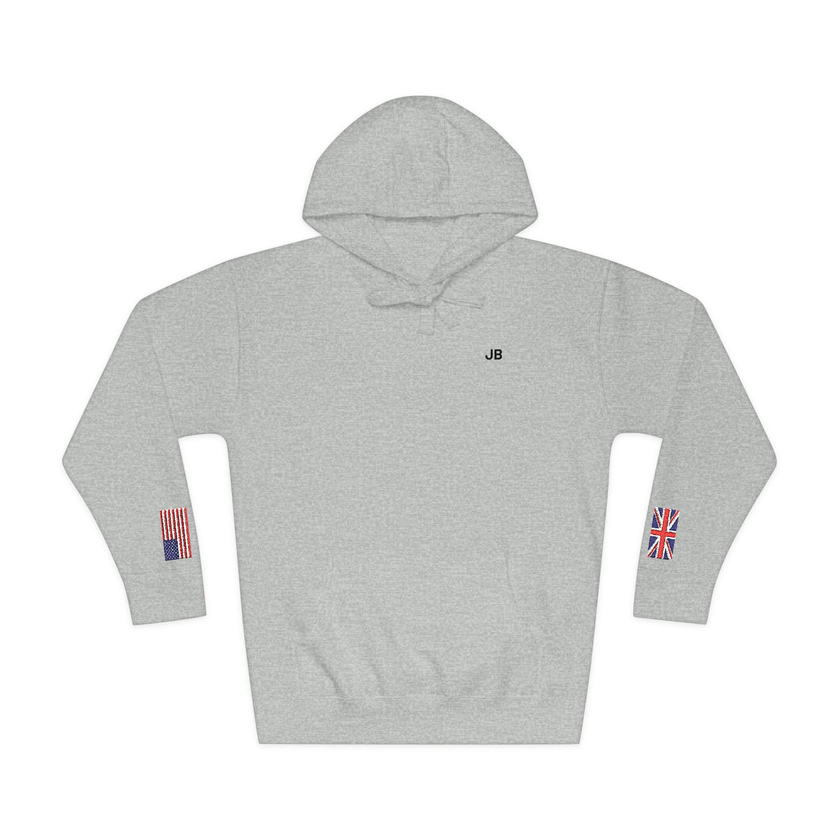 British American Flag Fleece Hoodie | Britain USA Dual Heritage Naturalization Gift | Personalized Initials | Embroidered Sleeve Flags - Proud & Loyal