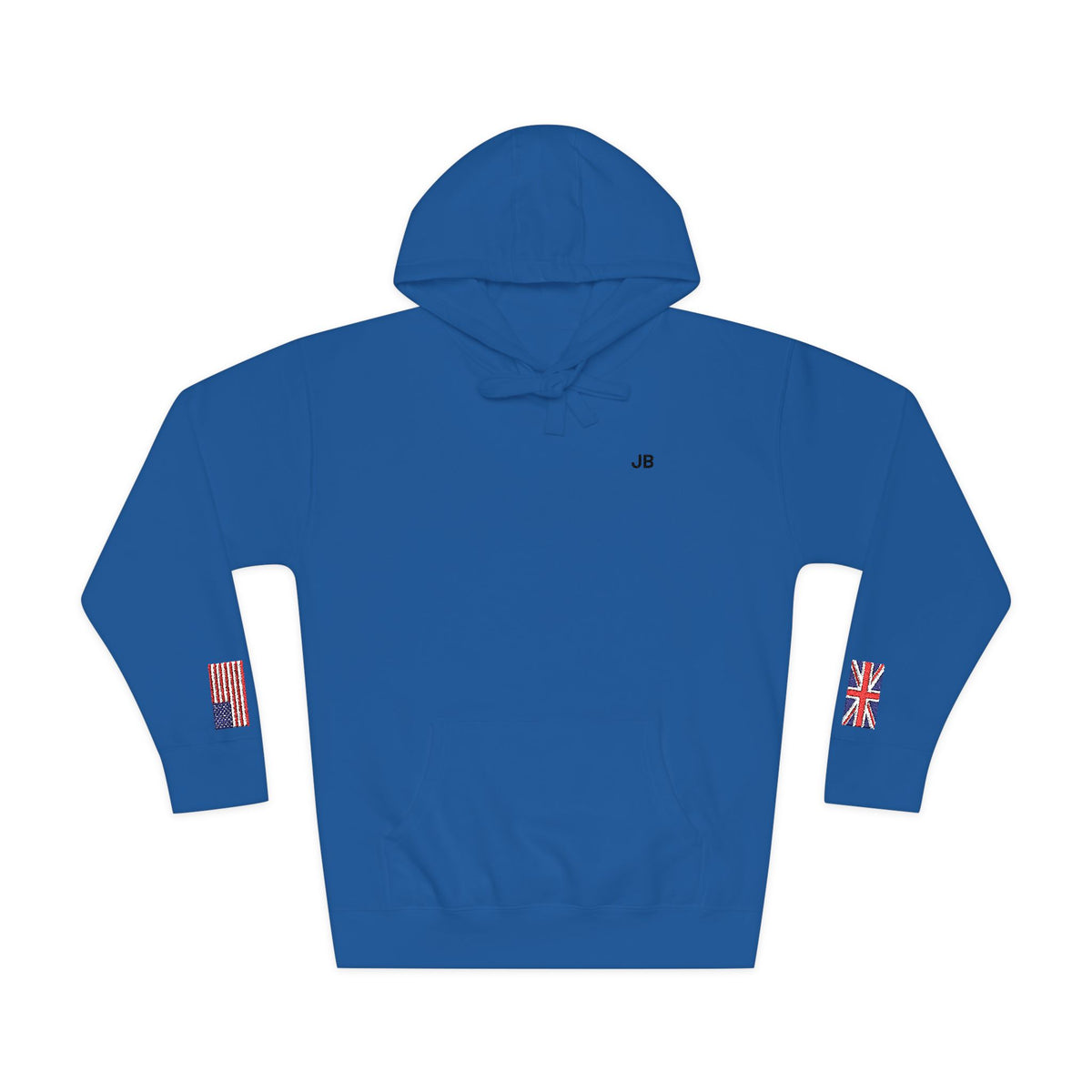British American Flag Fleece Hoodie | Britain USA Dual Heritage Naturalization Gift | Personalized Initials | Embroidered Sleeve Flags - Proud & Loyal