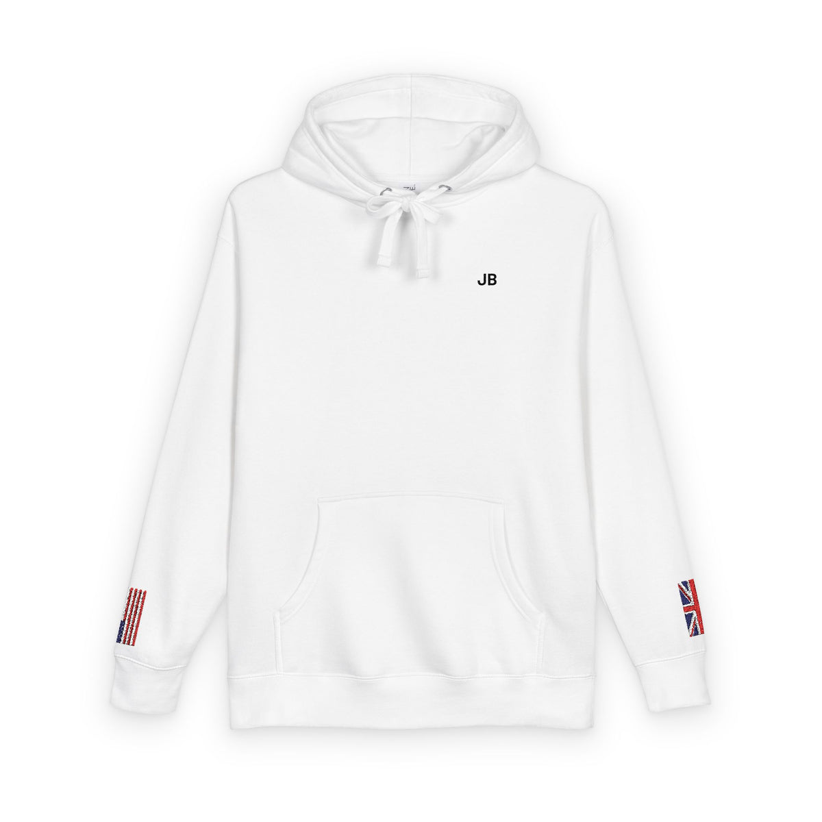 British American Flag Fleece Hoodie | Britain USA Dual Heritage Naturalization Gift | Personalized Initials | Embroidered Sleeve Flags - Proud & Loyal