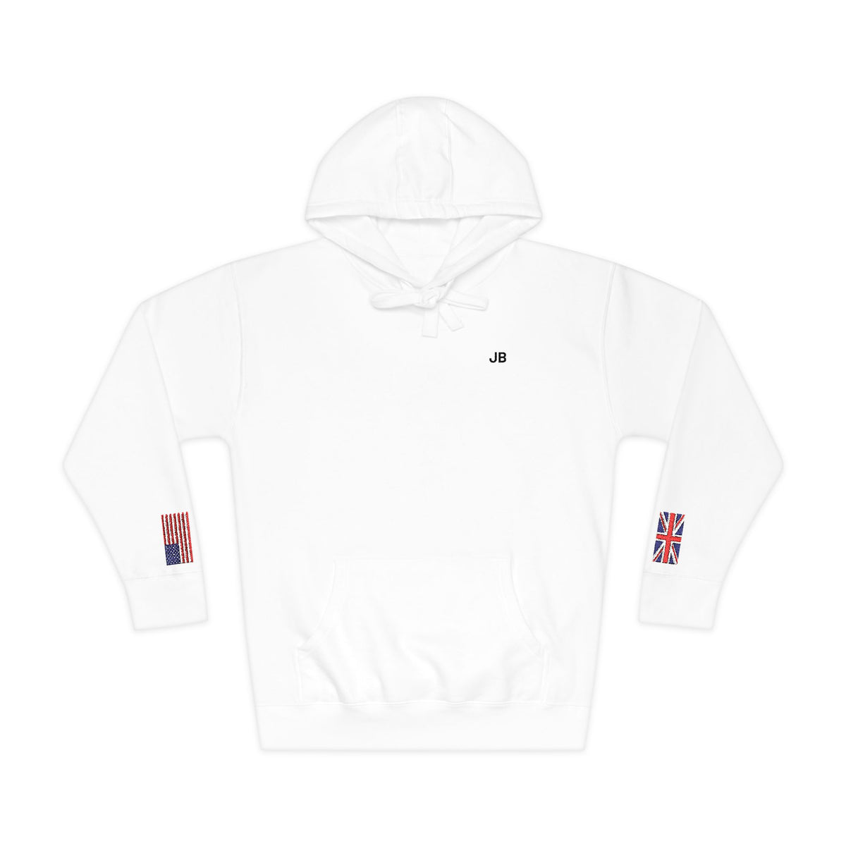 British American Flag Fleece Hoodie | Britain USA Dual Heritage Naturalization Gift | Personalized Initials | Embroidered Sleeve Flags - Proud & Loyal
