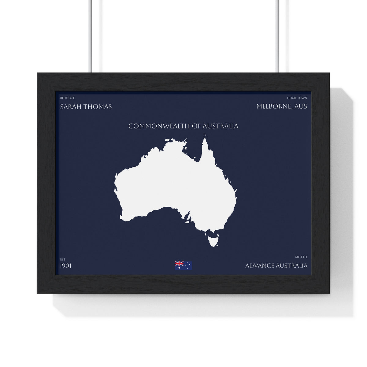 Customizable Australia Map Poster Horizontal Framed Poster | Commonwealth of Australia Navy Print Flag | Personalized Name and Hometown - Proud & Loyal