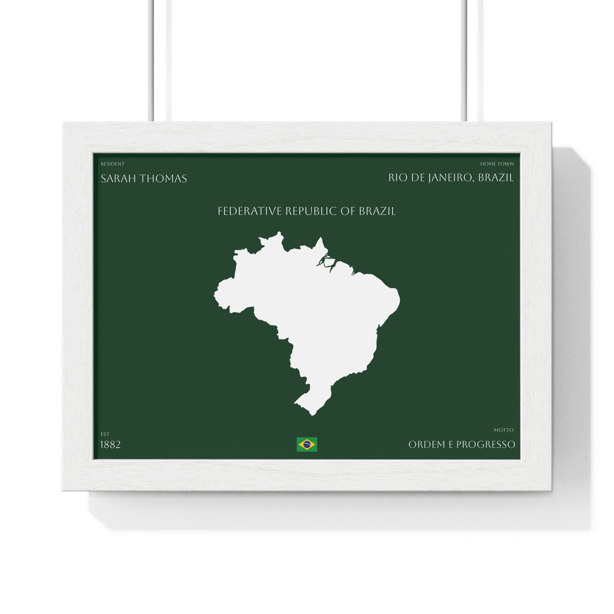 Customizable Brazil Map Poster Horizontal | Country Map Wall Art, Green Framed Print | Personalized Name and Hometown - Proud & Loyal