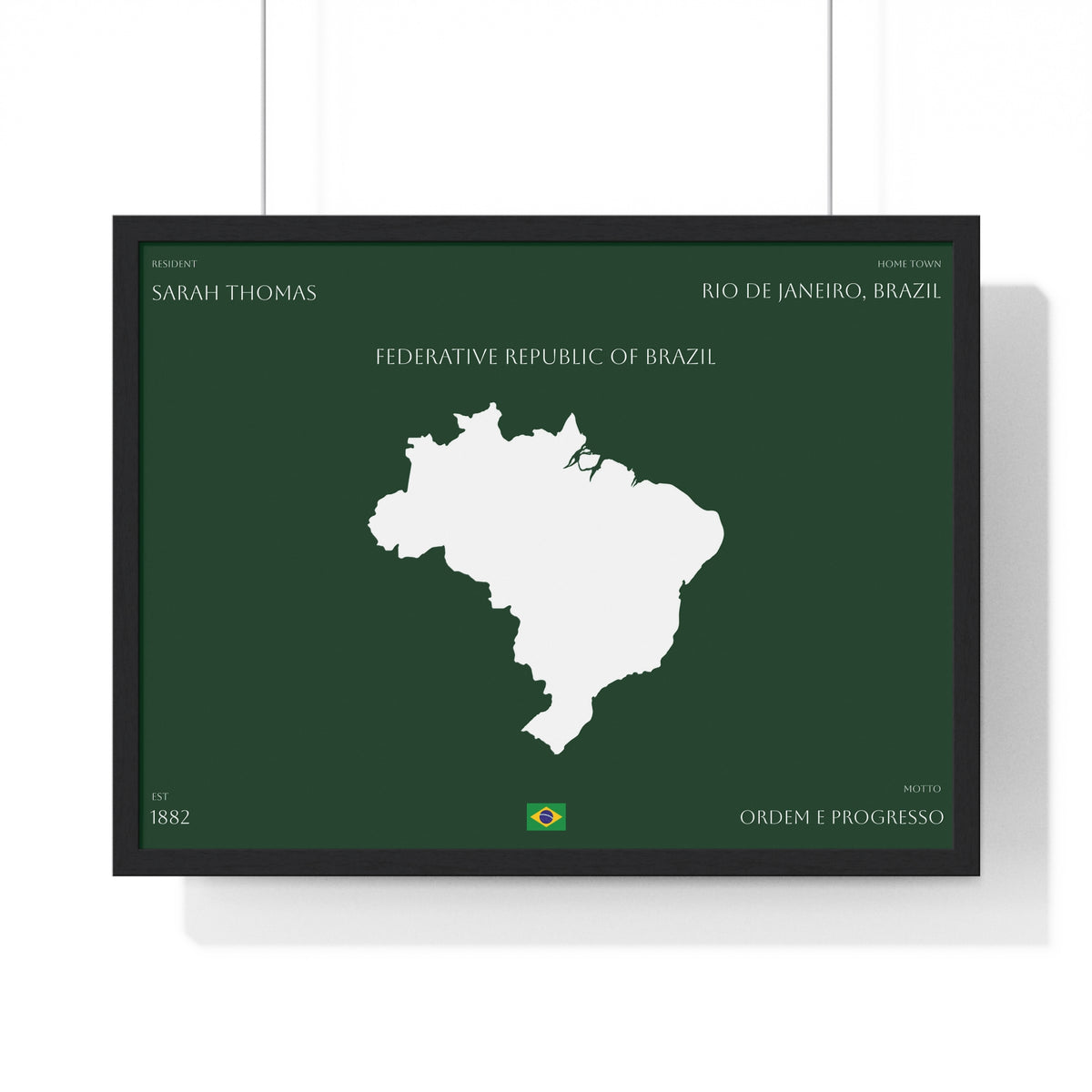 Customizable Brazil Map Poster Horizontal | Country Map Wall Art, Green Framed Print | Personalized Name and Hometown - Proud & Loyal