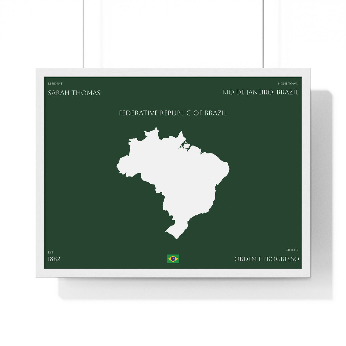 Customizable Brazil Map Poster Horizontal | Country Map Wall Art, Green Framed Print | Personalized Name and Hometown - Proud & Loyal