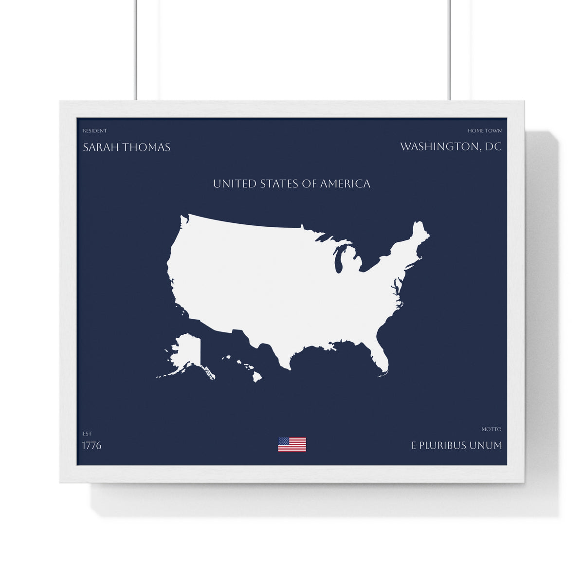 Customizable United States Map Horizontal Framed Poster | America Silhouette | Personalized Name and Hometown | Navy - Proud & Loyal
