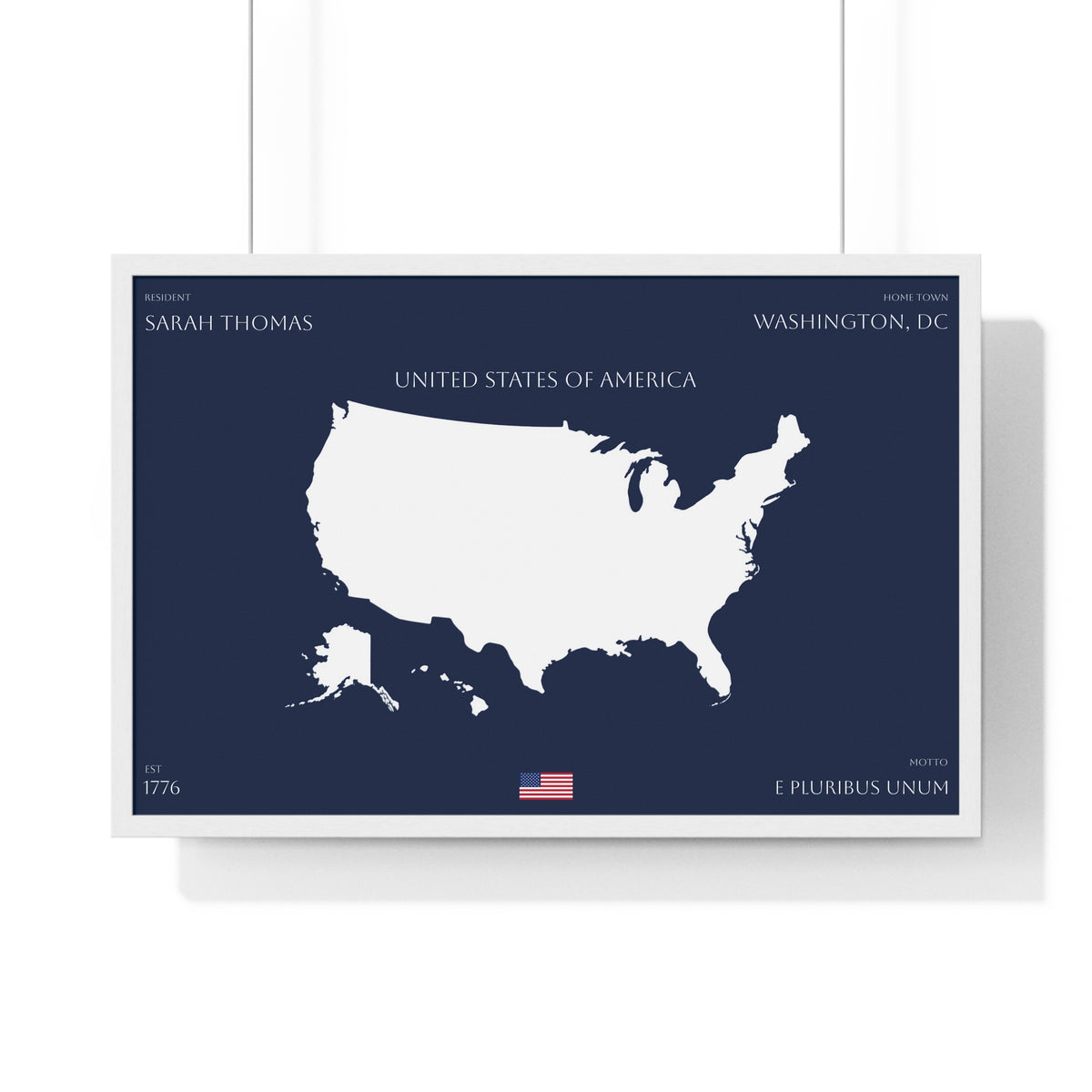 Customizable United States Map Horizontal Framed Poster | America Silhouette | Personalized Name and Hometown | Navy - Proud & Loyal