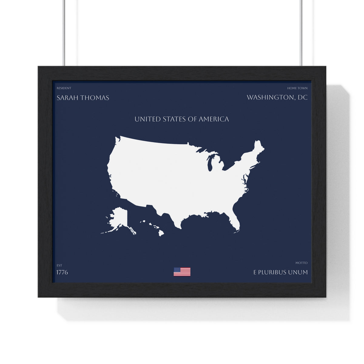 Customizable United States Map Horizontal Framed Poster | America Silhouette | Personalized Name and Hometown | Navy - Proud & Loyal