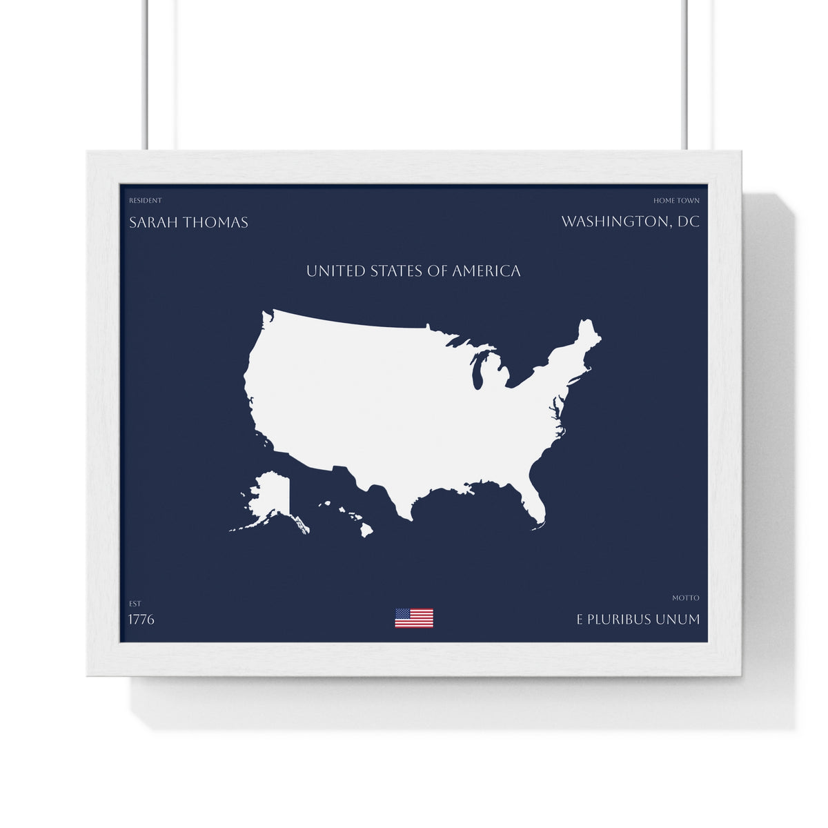 Customizable United States Map Horizontal Framed Poster | America Silhouette | Personalized Name and Hometown | Navy - Proud & Loyal