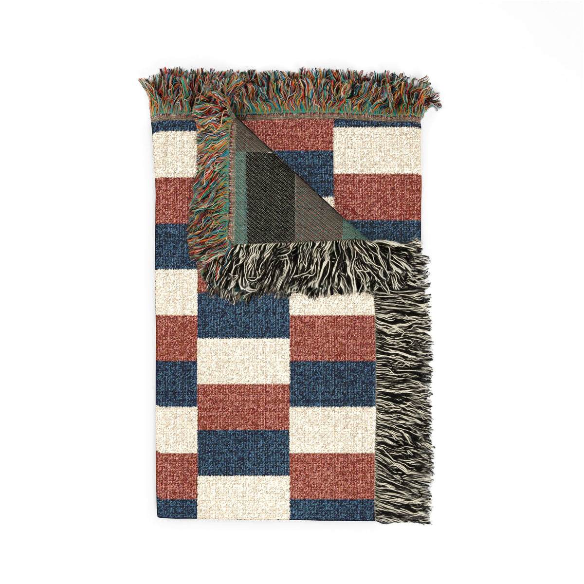 France Flag Checkered Stripe Woven Blanket | Geometric Throw, Navy Rust Cream - Proud & Loyal