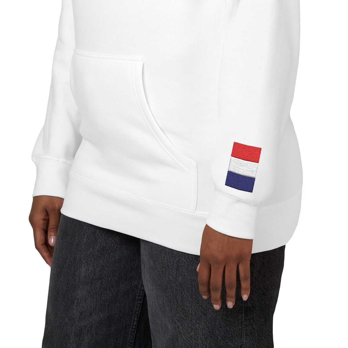 French American Flag Fleece Hoodie | France USA Dual Heritage Naturalization Gift | Personalized Initials | Embroidered Sleeve Flags - Proud & Loyal