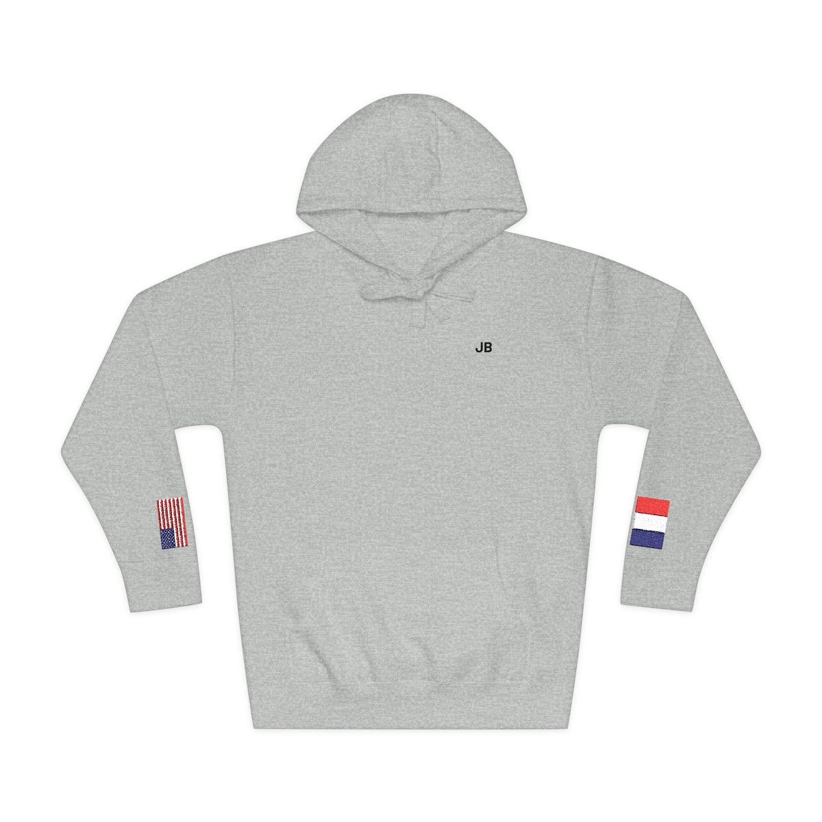 French American Flag Fleece Hoodie | France USA Dual Heritage Naturalization Gift | Personalized Initials | Embroidered Sleeve Flags - Proud & Loyal