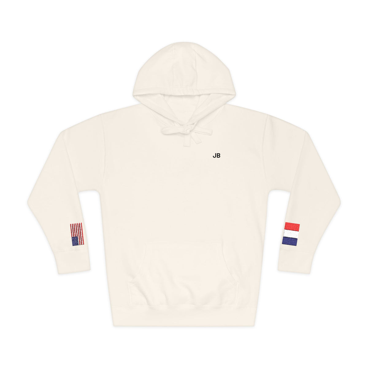 French American Flag Fleece Hoodie | France USA Dual Heritage Naturalization Gift | Personalized Initials | Embroidered Sleeve Flags - Proud & Loyal