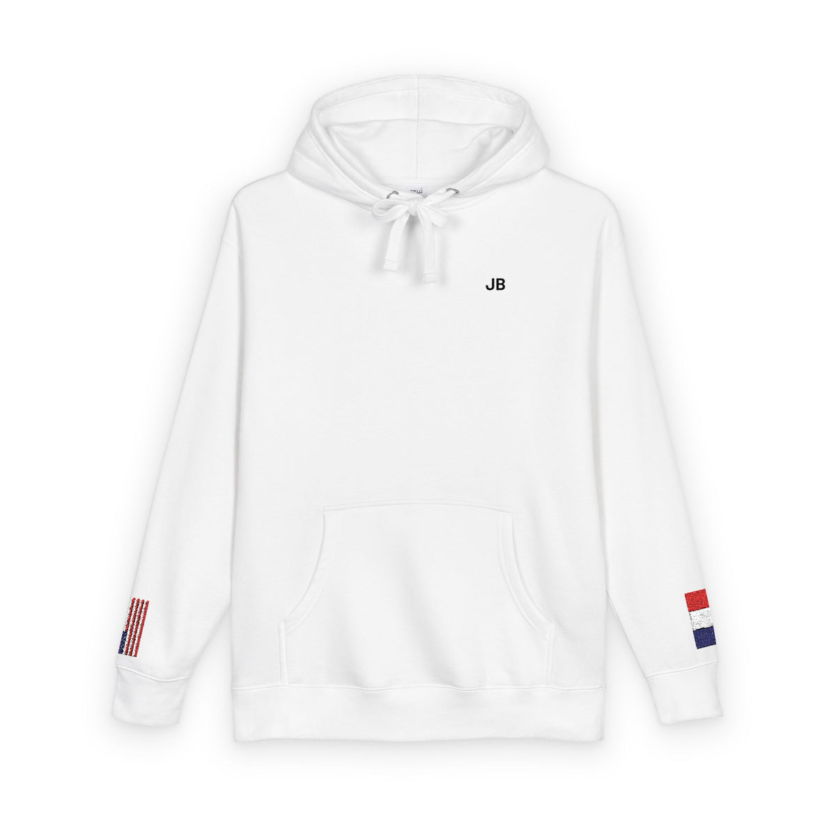French American Flag Fleece Hoodie | France USA Dual Heritage Naturalization Gift | Personalized Initials | Embroidered Sleeve Flags - Proud & Loyal