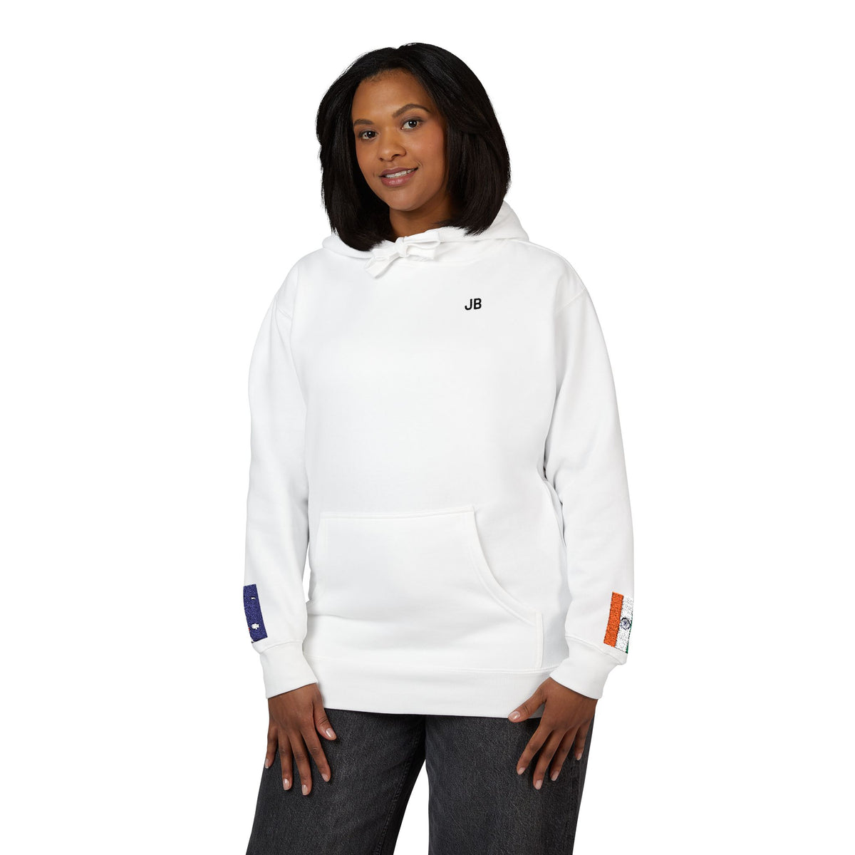 Indian Australian Flag Fleece Hoodie | India Australia Dual Heritage Gift | Personalized Initials | Embroidered Sleeve Flags - Proud & Loyal