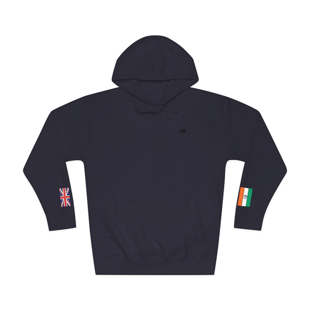 Indian British Flag Fleece Hoodie | India UK Dual Heritage Gift | Personalized Initials | Embroidered Sleeve Flags | United Kingdom & India - Proud & Loyal