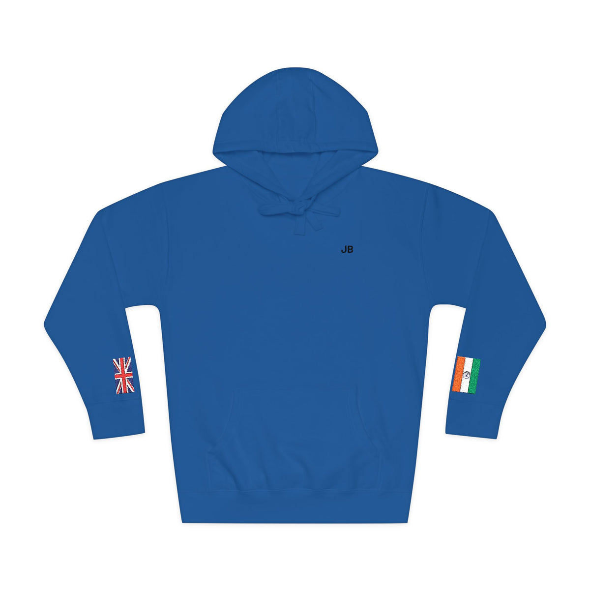 Indian British Flag Fleece Hoodie | India UK Dual Heritage Gift | Personalized Initials | Embroidered Sleeve Flags | United Kingdom & India - Proud & Loyal